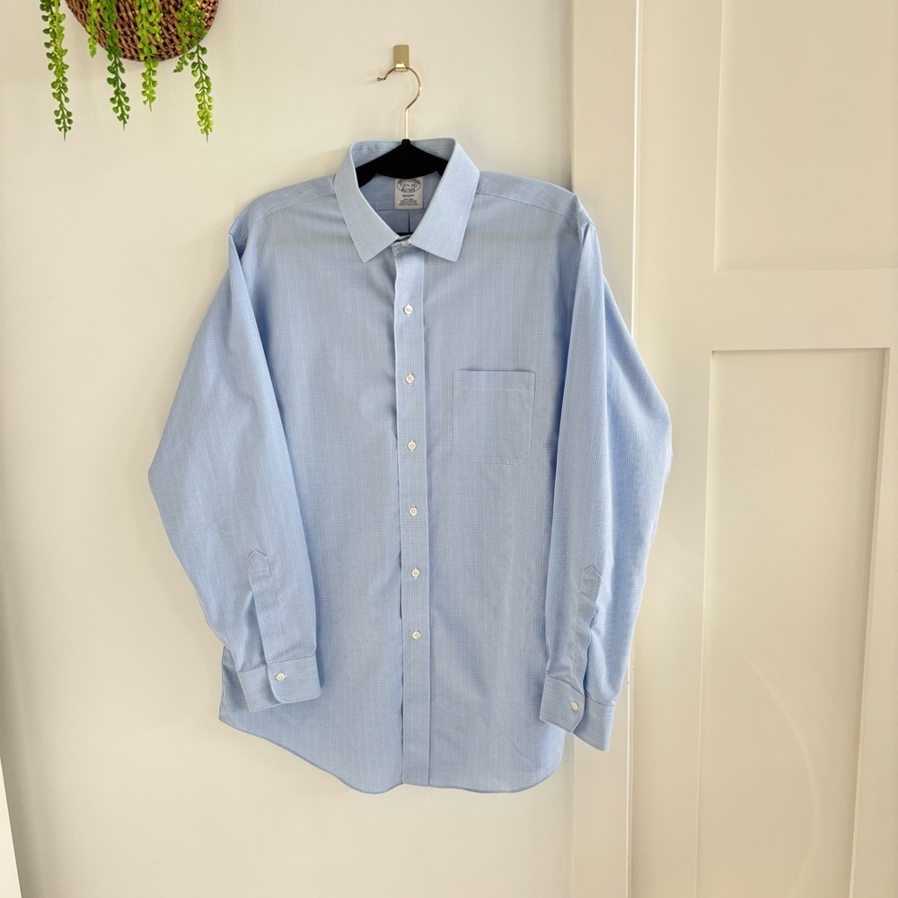 Brooks Brothers Mens Regent Button Down Dress Shirt Blue Plaid Non-Iron 16.5-34